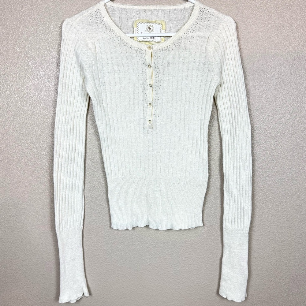 Y2K Abercrombie Babydoll Henley Angora Long Sleeve Top Beaded Ribbed Sweater D
